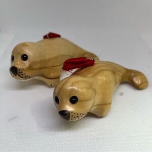 Baby Seal Pups Hand Carved Wood Christmas Ornaments by Ray Thurston‎